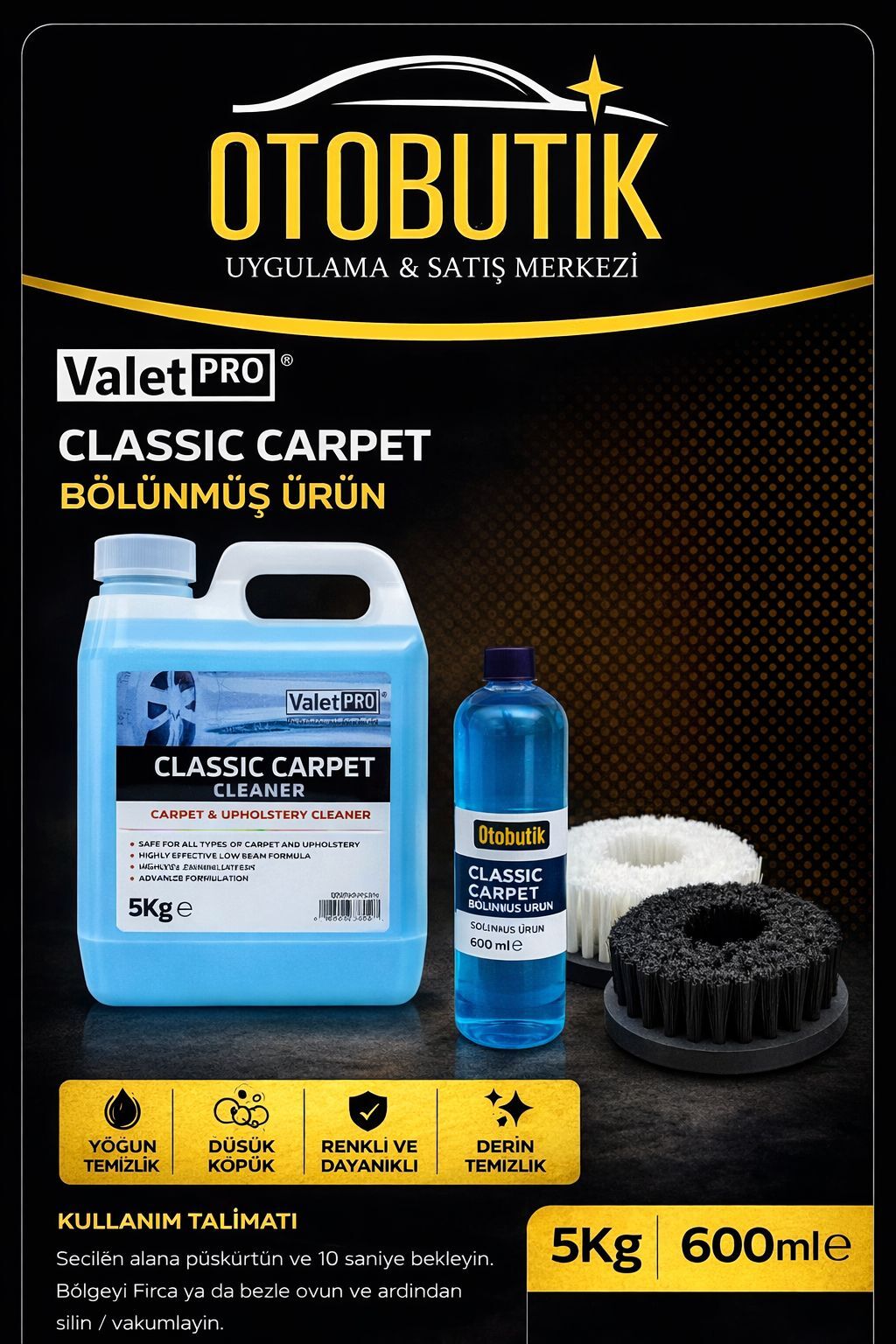 Valet Pro Classic Carpet Cleaner Bölünmüş Ürün 600 ml + Halı Temizleme ve Koltuk Temizleme Fırçası Seti