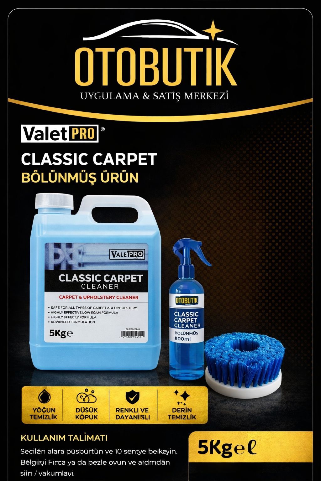 Valet Pro Classic Carpet Cleaner Bölünmüş Ürün 600 ml + Yumuşak Polisaj Koltuk Temizleme Fırçası Seti
